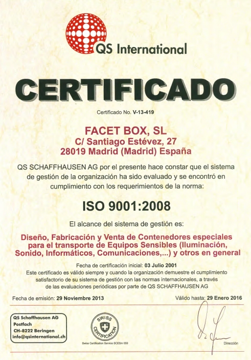 Certificado de calidad ISO QS Internacional de FacetBox