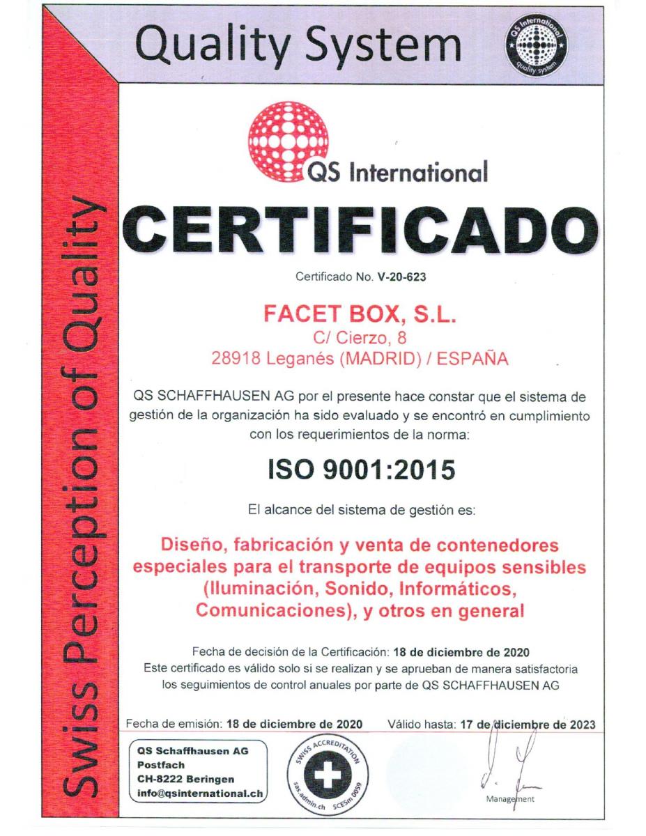 Certificado de calidad ISO QS Internacional de FacetBox